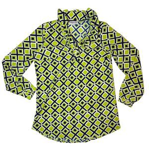 Buckhead Betties Woman's Green Geometric Work Ruffle Blouse Size Small